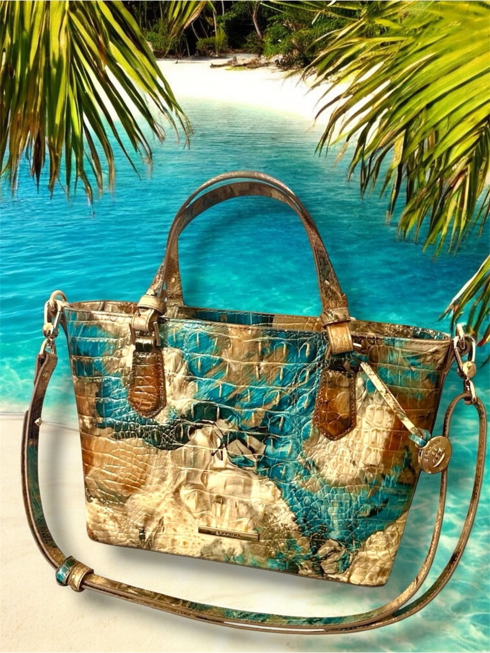Brahmin Melbourne Croc Embossed Crossbody Teal Gold Leather Tote Bag